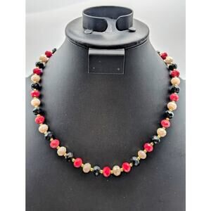 Vintage Red White Black Glass Czech Faceted Bead Gold Tone Bead 20.5" Necklace
